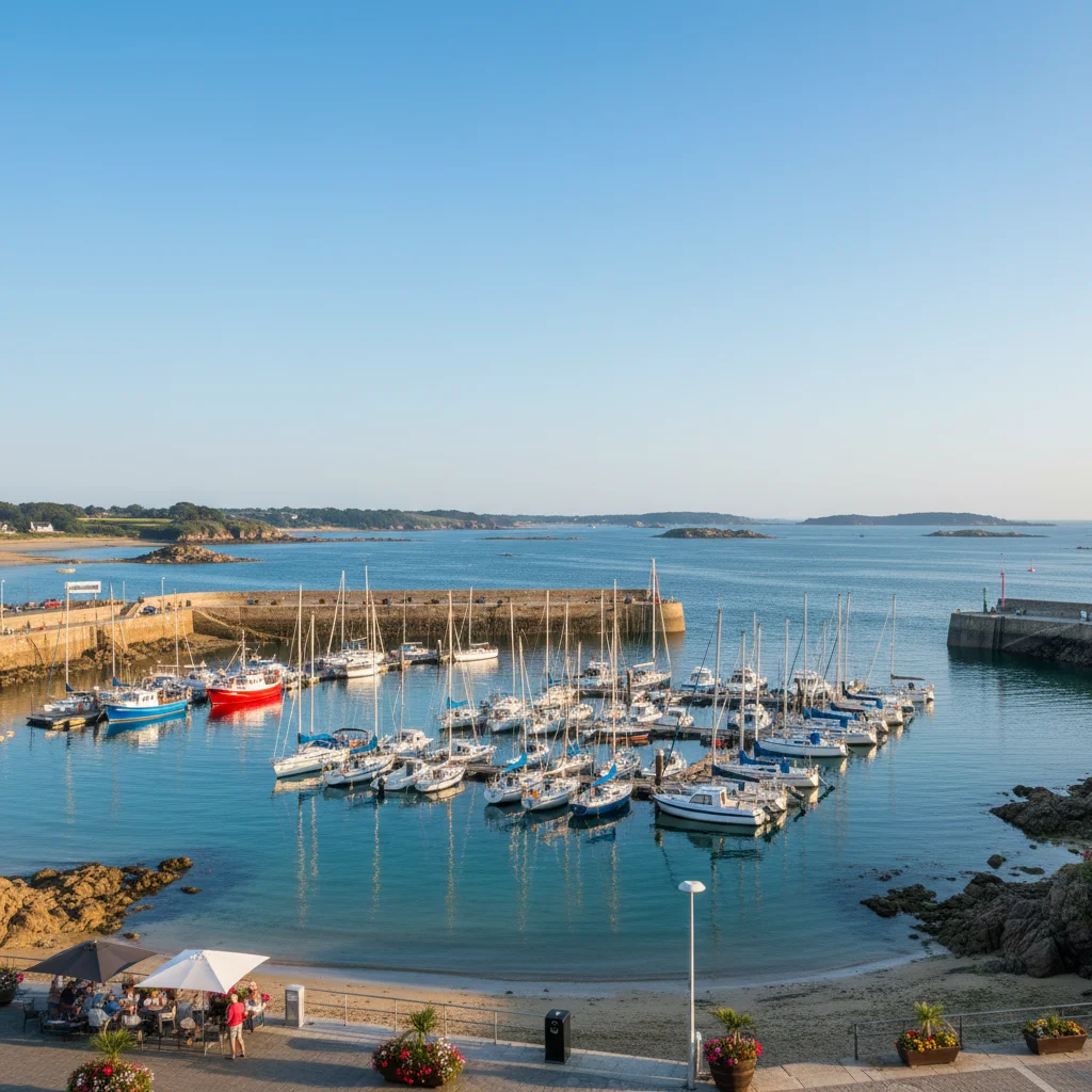 Petit port breton avec voiliers et bateaux au mouillage, terrasse de café en bord de plage